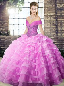 Brush Train Ball Gowns Quinceanera Dresses Lilac Off The Shoulder Organza Sleeveless Lace Up