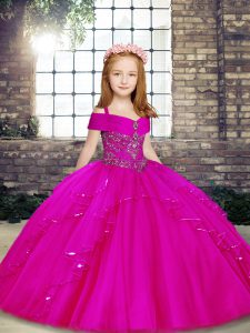 Top Selling Fuchsia Sleeveless Tulle Lace Up Pageant Gowns For Girls for Party and Wedding Party