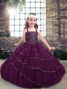 Floor Length Purple Glitz Pageant Dress Straps Sleeveless Lace Up