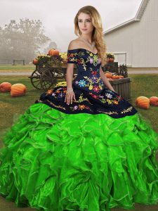 Green Off The Shoulder Lace Up Embroidery and Ruffles Quinceanera Dress Sleeveless