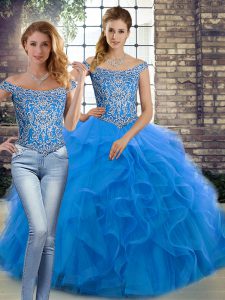 Graceful Blue 15 Quinceanera Dress Tulle Brush Train Sleeveless Beading and Ruffles