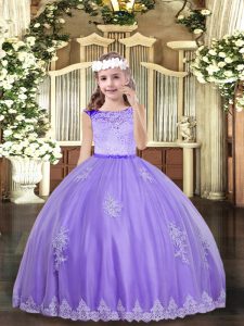 Lavender Ball Gowns Tulle Scoop Sleeveless Lace and Appliques Floor Length Zipper Child Pageant Dress