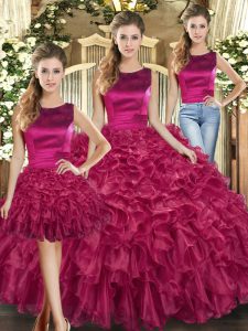 High Class Ruffles Quinceanera Dress Fuchsia Lace Up Sleeveless Floor Length