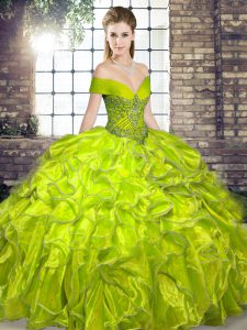 Elegant Off The Shoulder Sleeveless Quinceanera Gowns Floor Length Beading and Ruffles Olive Green Organza