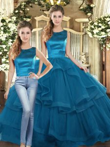 Popular Floor Length Lace Up Sweet 16 Dress Teal for Military Ball and Sweet 16 and Quinceanera with Ruffles