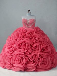 Beauteous Coral Red Lace Up Sweetheart Beading Vestidos de Quinceanera Fabric With Rolling Flowers Sleeveless Brush Train