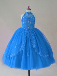 Blue Sleeveless Floor Length Beading and Appliques Lace Up Pageant Dress Wholesale