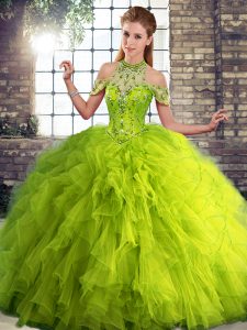 Halter Top Sleeveless 15th Birthday Dress Floor Length Beading and Ruffles Olive Green Tulle