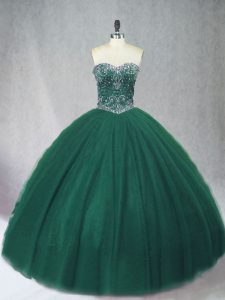 Sophisticated Dark Green Ball Gowns Beading Quinceanera Gowns Lace Up Tulle Sleeveless Floor Length