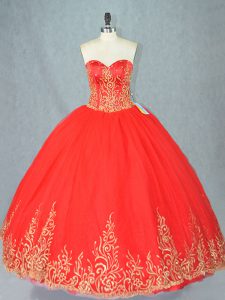 Red Tulle Lace Up Quinceanera Gowns Sleeveless Floor Length Beading