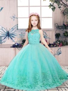 Aqua Blue Backless Scoop Lace and Appliques Child Pageant Dress Tulle Sleeveless