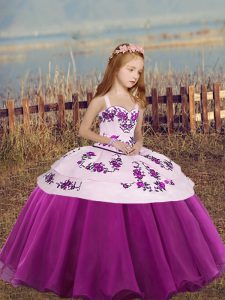 Organza Straps Sleeveless Lace Up Embroidery Girls Pageant Dresses in Fuchsia