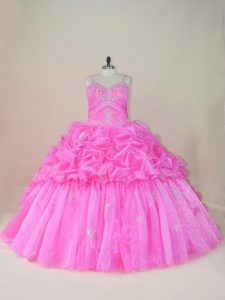 Suitable Baby Pink Straps Lace Up Beading and Appliques and Pick Ups Quinceanera Gown Brush Train Sleeveless