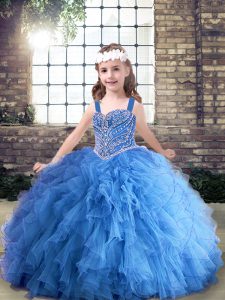 Floor Length Lace Up Little Girl Pageant Gowns Blue for Party and Wedding Party with Beading and Ruffles