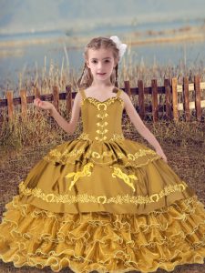 Straps Sleeveless Pageant Dress for Teens Floor Length Beading and Embroidery and Ruffled Layers Gold Organza