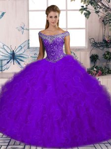 Fantastic Purple Sleeveless Beading and Ruffles Lace Up Ball Gown Prom Dress