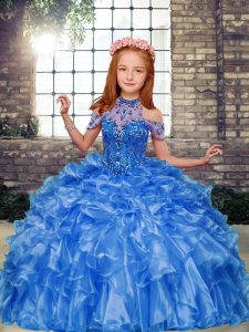 Trendy High-neck Sleeveless Lace Up Little Girl Pageant Gowns Blue Organza