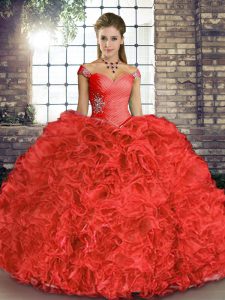 Floor Length Coral Red Quinceanera Dress Off The Shoulder Sleeveless Lace Up