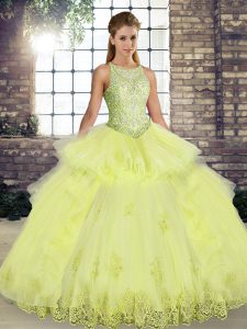 Delicate Yellow Scoop Neckline Lace and Embroidery and Ruffles 15 Quinceanera Dress Sleeveless Lace Up