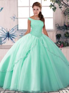 Glorious Apple Green Ball Gown Prom Dress Off The Shoulder Sleeveless Brush Train Lace Up