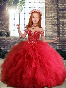 Custom Designed Scoop Sleeveless Lace Up Little Girl Pageant Gowns Red Tulle