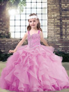 Lilac Sleeveless Floor Length Beading and Ruffles Lace Up Pageant Gowns For Girls