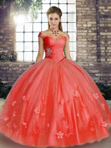 High Quality Floor Length Watermelon Red 15th Birthday Dress Tulle Sleeveless Beading and Appliques