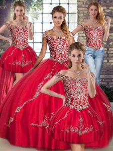 Exquisite Red Lace Up Off The Shoulder Beading and Embroidery Sweet 16 Dresses Tulle Sleeveless