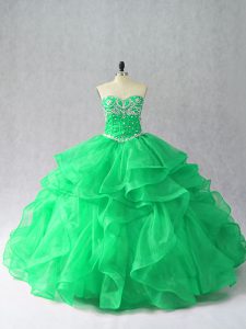 Sleeveless Floor Length Beading and Ruffles Lace Up Quinceanera Dresses with Green