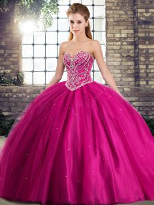 Classical Tulle Sleeveless Sweet 16 Dresses Brush Train and Beading