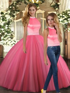 Coral Red Backless Quinceanera Gown Beading Sleeveless Floor Length