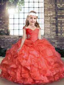 Straps Sleeveless Lace Up Pageant Dress for Womens Coral Red Organza