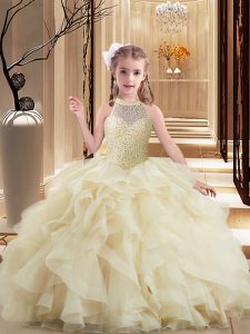 Excellent Sleeveless Beading and Ruffles Lace Up Girls Pageant Dresses with Light Yellow Brush Train