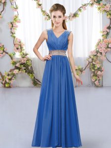 Empire Quinceanera Dama Dress Blue V-neck Chiffon Sleeveless Floor Length Lace Up