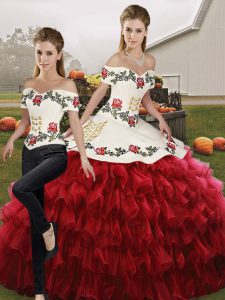 Exceptional Wine Red Off The Shoulder Lace Up Embroidery and Ruffled Layers Sweet 16 Quinceanera Dress Sleeveless