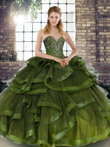 Low Price Ball Gowns Quinceanera Dress Olive Green Sweetheart Tulle Sleeveless Floor Length Lace Up