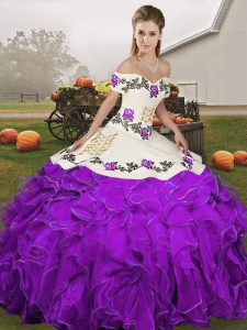 Organza Off The Shoulder Sleeveless Lace Up Embroidery and Ruffles 15 Quinceanera Dress in White And Purple