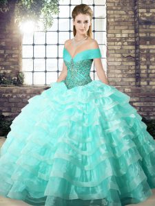 Off The Shoulder Sleeveless Quinceanera Gowns Brush Train Beading and Ruffled Layers Apple Green Organza