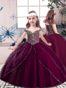 Modern Burgundy Sleeveless Floor Length Beading Lace Up Pageant Dresses