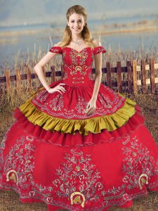 Glittering Red Off The Shoulder Lace Up Embroidery Sweet 16 Dresses Sleeveless