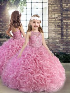 Scoop Sleeveless Kids Formal Wear Floor Length Beading Pink Fabric With Rolling Flowers