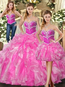 Rose Pink Sweetheart Neckline Beading and Ruffles Quinceanera Dress Sleeveless Lace Up