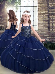 Dramatic Navy Blue Straps Neckline Beading Little Girls Pageant Gowns Sleeveless Lace Up