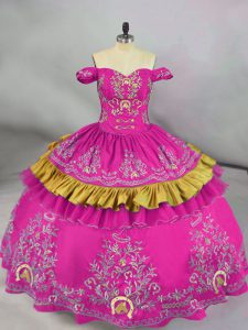 Great Fuchsia Satin Side Zipper Off The Shoulder Sleeveless Floor Length Quinceanera Dresses Embroidery