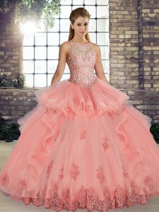 Watermelon Red Ball Gowns Tulle Scoop Sleeveless Lace and Embroidery and Ruffles Floor Length Lace Up Quinceanera Dress