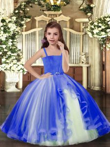 Sleeveless Floor Length Beading Lace Up Child Pageant Dress with Blue