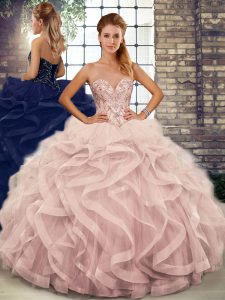 Dazzling Sleeveless Tulle Floor Length Lace Up Sweet 16 Dress in Pink with Beading and Ruffles