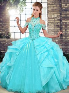 Simple Aqua Blue Ball Gown Prom Dress Military Ball and Sweet 16 and Quinceanera with Beading and Ruffles Halter Top Sleeveless Lace Up