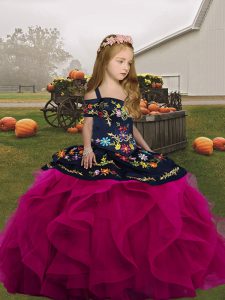 Cute Tulle Straps Sleeveless Lace Up Embroidery and Ruffles Child Pageant Dress in Fuchsia