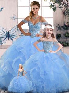 Adorable Off The Shoulder Sleeveless Tulle Sweet 16 Dress Beading and Ruffles Lace Up